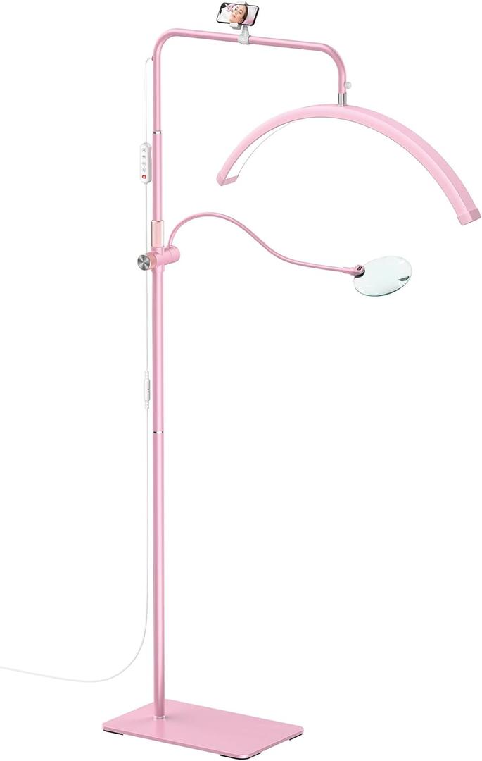 Half Moon Lash Light - Adjustable LED Floor Lash Lamp with 4X Magnifier & Phone Holder for Eyelash Extensions,Nail Art,Tattoo,Skincare,Salon SPA-Dimmable Brightness,Rotating Head, Pink