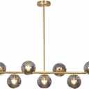 KCO Lighting Mid Century Modern Globe Sputnik Chandelier Gold Brass Linear Pendant Hanging Light Fixture 7-Light Smoke Glass Sphere Chandelier Kitchen Island Dining Room Chandelier