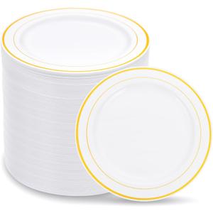 WELLIFE 144Pcs Gold Dessert Plates, 7.5 Inch Plastic Appetizer Plates, White Plates with Gold Rim Heavy Duty Plastic Party Plates, White and Gold Plastic Plates for Party and Wedding