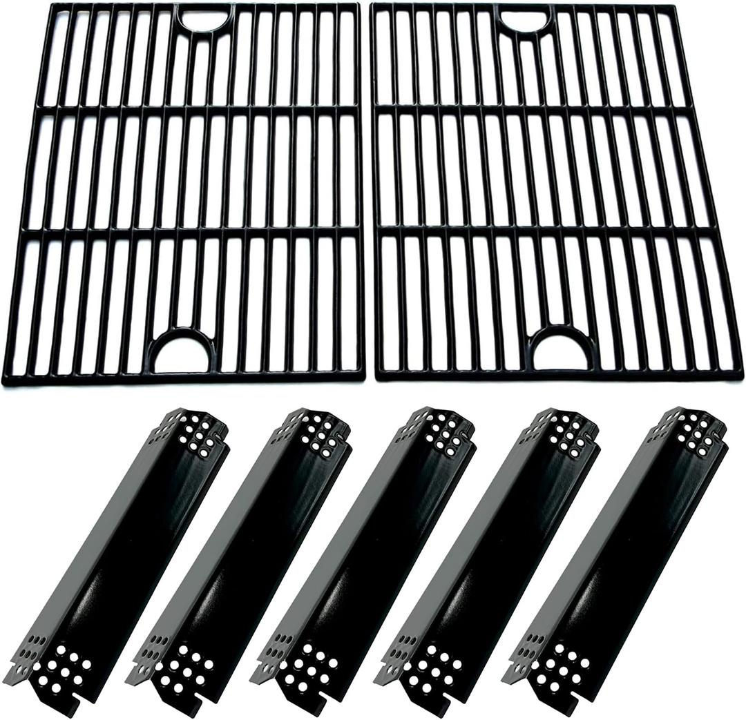 DG265 Replacement Cast Iron Grill Grates & Porcelain Steel Heat Plate Flame Tamer for Home Depot Nexgrill 4 Burner 720-0830H, 5 Burner 720-0888N, 720-0888 Gas Grill Models, 17" x 13 1/4"