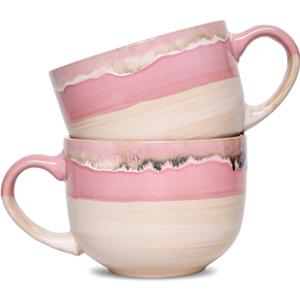 Bosmarlin Large Ceramic Coffee Mug Set of 2, Stoneware Jumbo Latte Mugs Tea for Office and Home, 16 Oz, Dishwasher and Microwave Safe(Pink, 2)