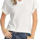 QUALFORT Women's V Neck Tops Short Sleeve Loose Fit Ribbed Knit Casual Shirts Spring Summer Blouses Basic Tee 2026 (White, M)