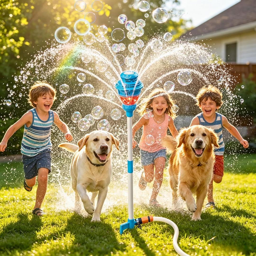 2 in 1 Water Sprinkler & Bubble Machine for Kids, Automatic Outdoor Toy with Lights & Sounds, 2 Bottles & 10 Refill Packs Bubble Solution, Summer Backyard Yard Play Toy, Blue, Battery Not Included
