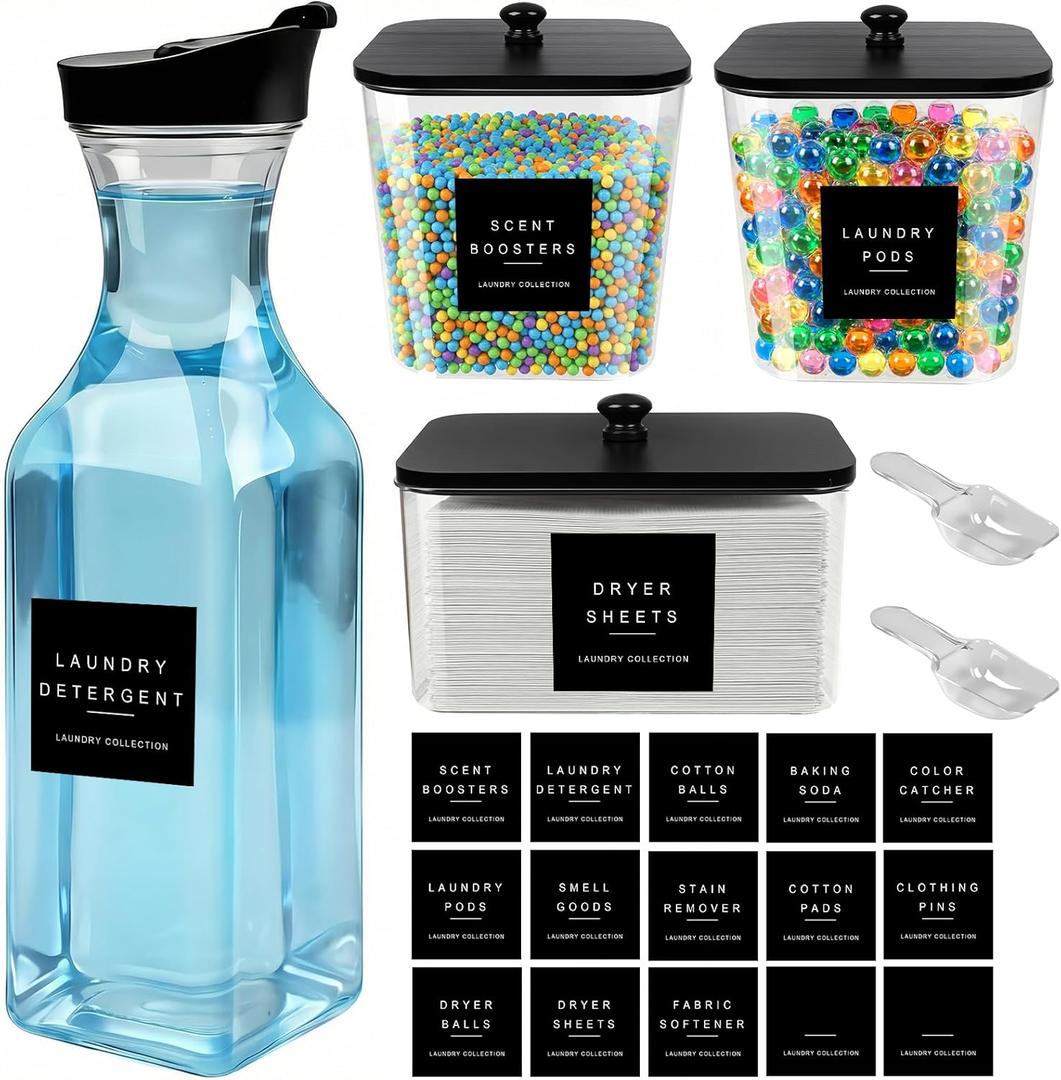 POLRAI Laundry Pod Containers and Dryer Sheet Holder and Laundry Detergent Dispenser Clear Laundry Room Organization and Storage with Wooden Lids Labels and spoon （2+1+1 Pack）