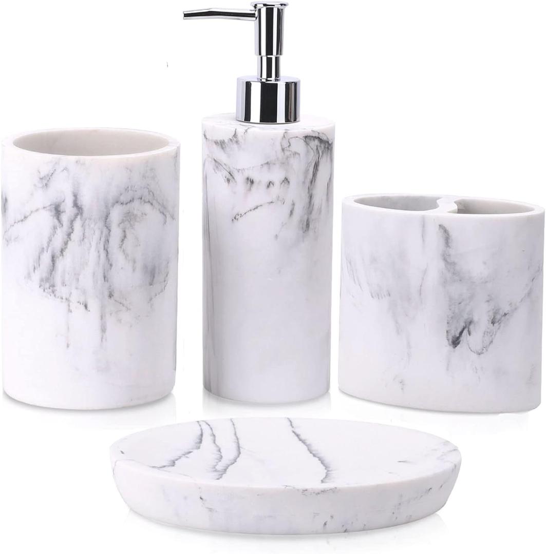 ZCCZ Bathroom Accessory Set, 4 Pcs Marble Look Bathroom Vanity Countertop Bathroom Dcor Sets Accessories with Soap Dispenser, Toothbrush Holder Set, Tumbler, Soap Dish