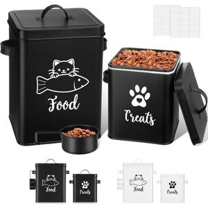 Funnymoom 2 Pcs Metal Cat Food Containers with Airtight Lids and Spoon 7+3 Lbs Cat Treat Storage Organizer with DIY Labels Big Pet Dry Food Jar Vintage Snack Bin for Kitchen Pet Owners Gift(Black)