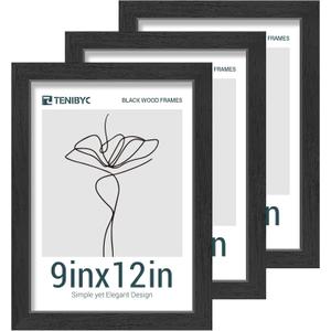 9x12 Picture Frames Set - 3 Pack - Black Solid Wood Poster Frame - Tempered Glass - Exclusive Woodgrain - Rooms, Offices, Gallery, Studio, and Hallway, Wall Display Decor