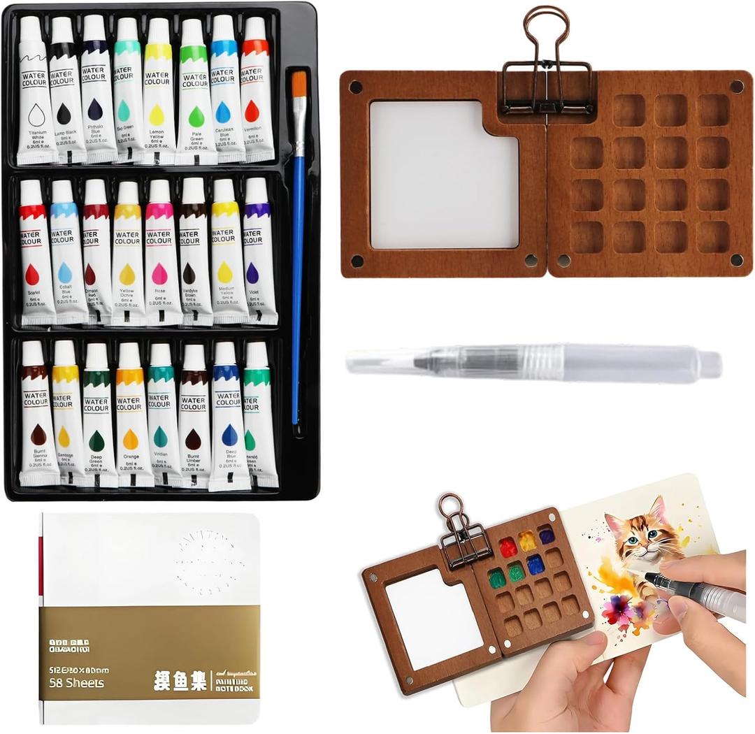 Mini Watercolor Travel Set, 24 Colors Portable Pocket Paint Kit with Watercolor Pens, Binder Clips & Walnut Wooden Box  Perfect for Outdoor Painting, Sketching & Art Journaling