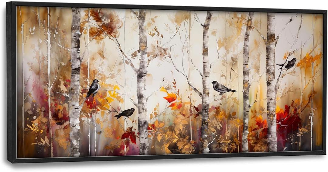 Farmhouse Birch Tree Living Room Large Wall Art Abstract Autumn Forest Birds Framed Canvas Wall Decor Rustic Fall Trees Pictures Print Painting Modern Home Artwork for Bedroom Bathroom Kitchen 30"x60"