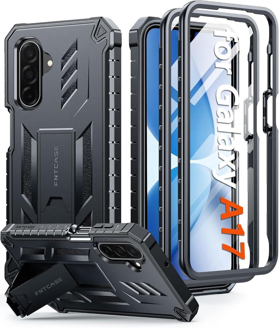 FNTCASE for Galaxy A17-5G Phone Case: with Kickstand | 2 Front Frames | Built-in Screen Protector Military Grade Drop Proof Protection Rugged Protective Phone Case for Samsung Galaxy A17 Black