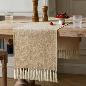 ZeeMart Beige Table Runners 60 Inches Long, Burlap Linen Style Rustic Farmhouse Table Runner, Boho Woven Dining Table Runner, 13x60 Inches, Oatmeal Beige