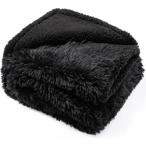 Fluffy Long Faux Fur Throw Blankets for Couch Black Calming Pet Blanket for Small Dogs Puppy Warm Sofa Bed Winter Covers(Black,XS-28x20in)