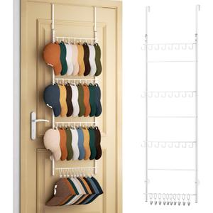 HapiRm Over Door Hat Organizer - 4 Tier Wall Mounted Hat Rack with 24 Hooks and 10 Movable Clips, Hanging Baseball Cap Organizer Storage Holds to 34 Caps for Door, Bedroom, Closet (White)