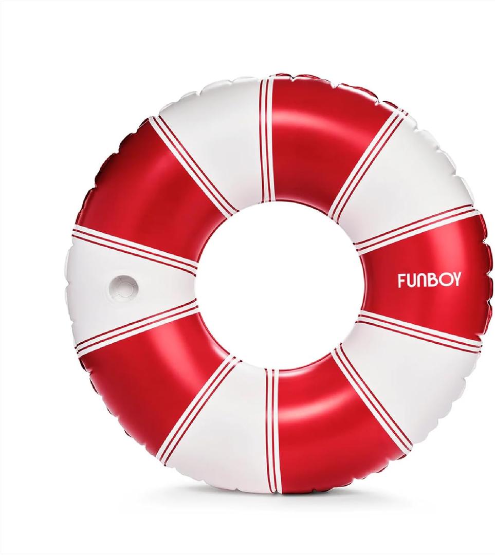 FUNBOY Giant Vintage Stripe Inflatable Pool Float with Cup Holder 48" Pool Float for Adults Inner Tube Pool Toys Swim Rings Swimming Pool Accessories & Pool Lounger Float for Pool Party & Summer (Red)