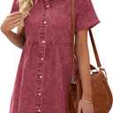 LookbookStore Women's Short Sleeve Button Down Flowy Tiered Babydoll Denim Dress, S