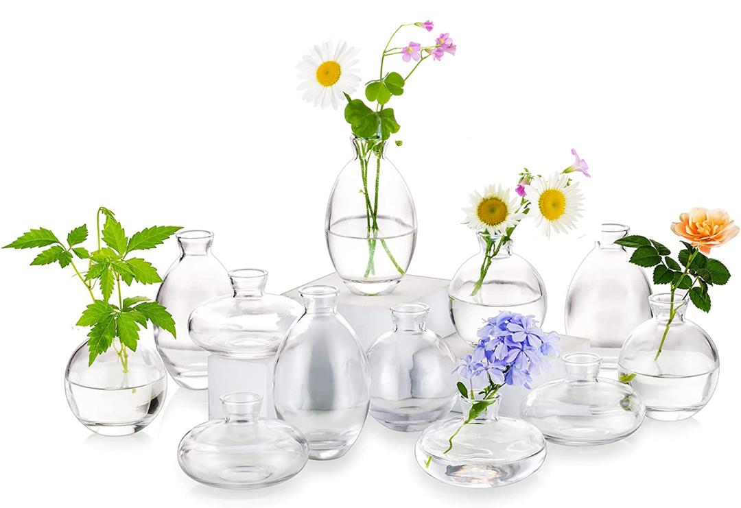 Glass Bud Vases Set of 12, Hewory Cute Clear Small Vases Handmade, Mini Glass Flower Vase for Floral Arrangement, Tiny Centerpiece for Wedding Party Events Home Office Table Decor (Not Include Flower)