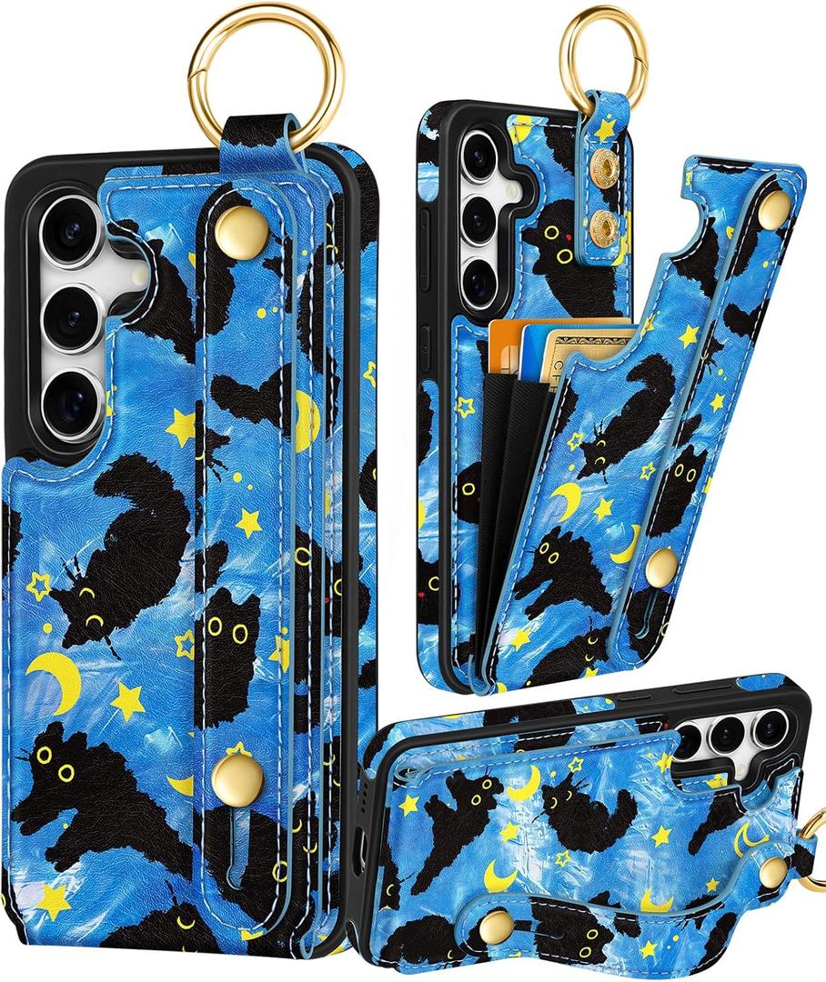 Petitian for Samsung Galaxy S25/S24 Case with Wallet - Women Girls Cute Girly Aesthetic Unique Design with Leather Credit Card Holder Cardholder Stand Wristband, Blue Cat