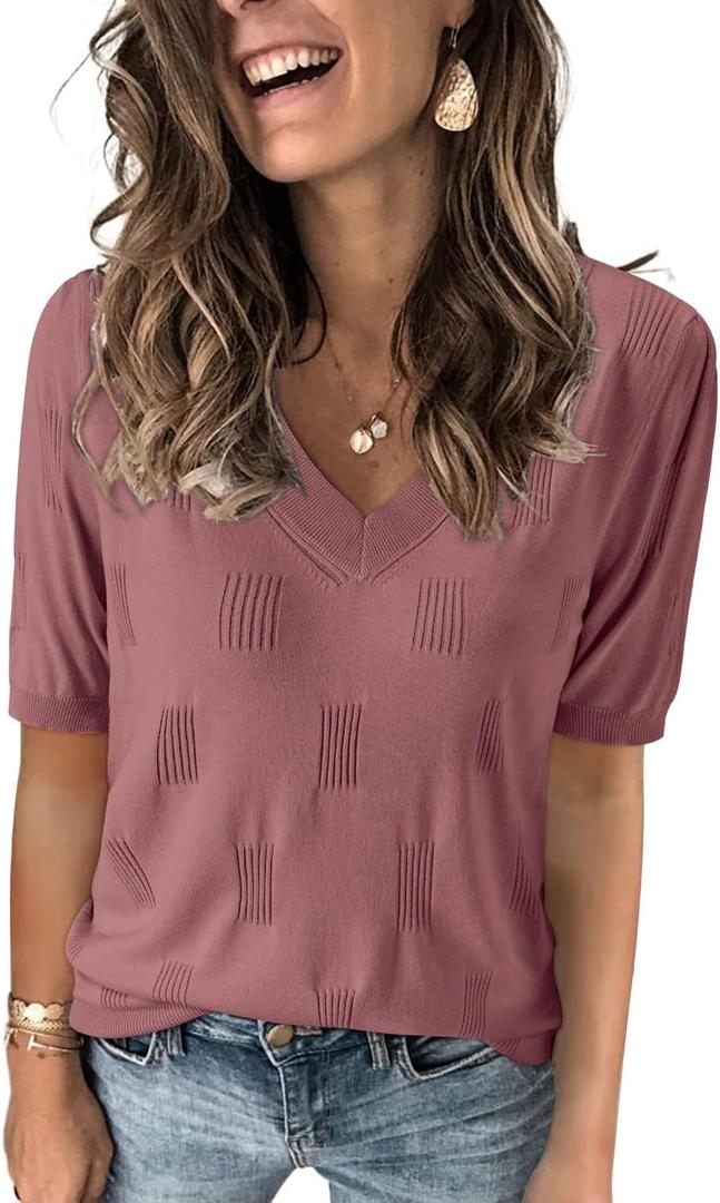 Arach&Cloz Women's Lightweight Fall Sweater Tops Casual Short Sleeve Blouses Shirts (X-Large)