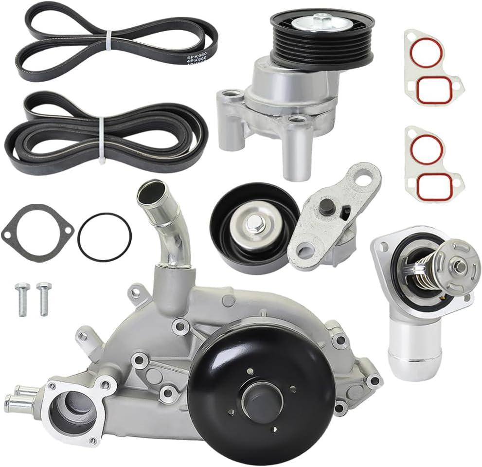 12703898 Engine Water Pump w/Thermostat Compatible with Chevrolet Express Silverado Tahoe Suburban, GMC Yukon/Savana Drive Belt Tensioner for Hummer H2 Drive Belt Tensioner #12554028 12569346 12576447