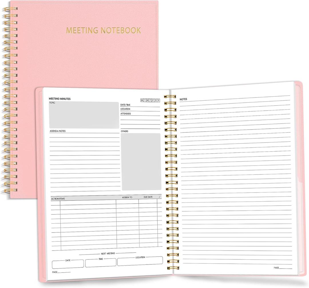 SUNEE Half Meeting Half Note - 7.5"x10" Professional Notebooks for Work - 160 Pages, B5 Size Project Planner, Spiral Meeting Agenda/Minutes Organizer for Women Men, Note Taking, Office & Business (Pink)