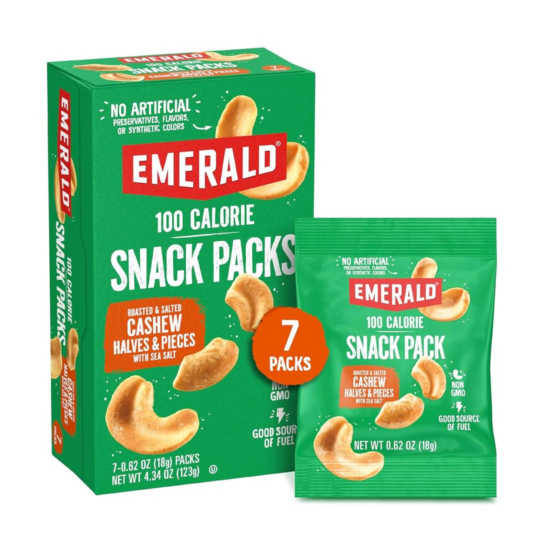 Emerald Nuts Roasted and Salted Cashews 7ct (1-Pack), 100-Calorie Individual Packs, Plant-Based Protein, Kosher Certified, Non-GMO, Contains No Artificial Preservatives, Flavors or Synthetic Colors (EXP 04/16/26)