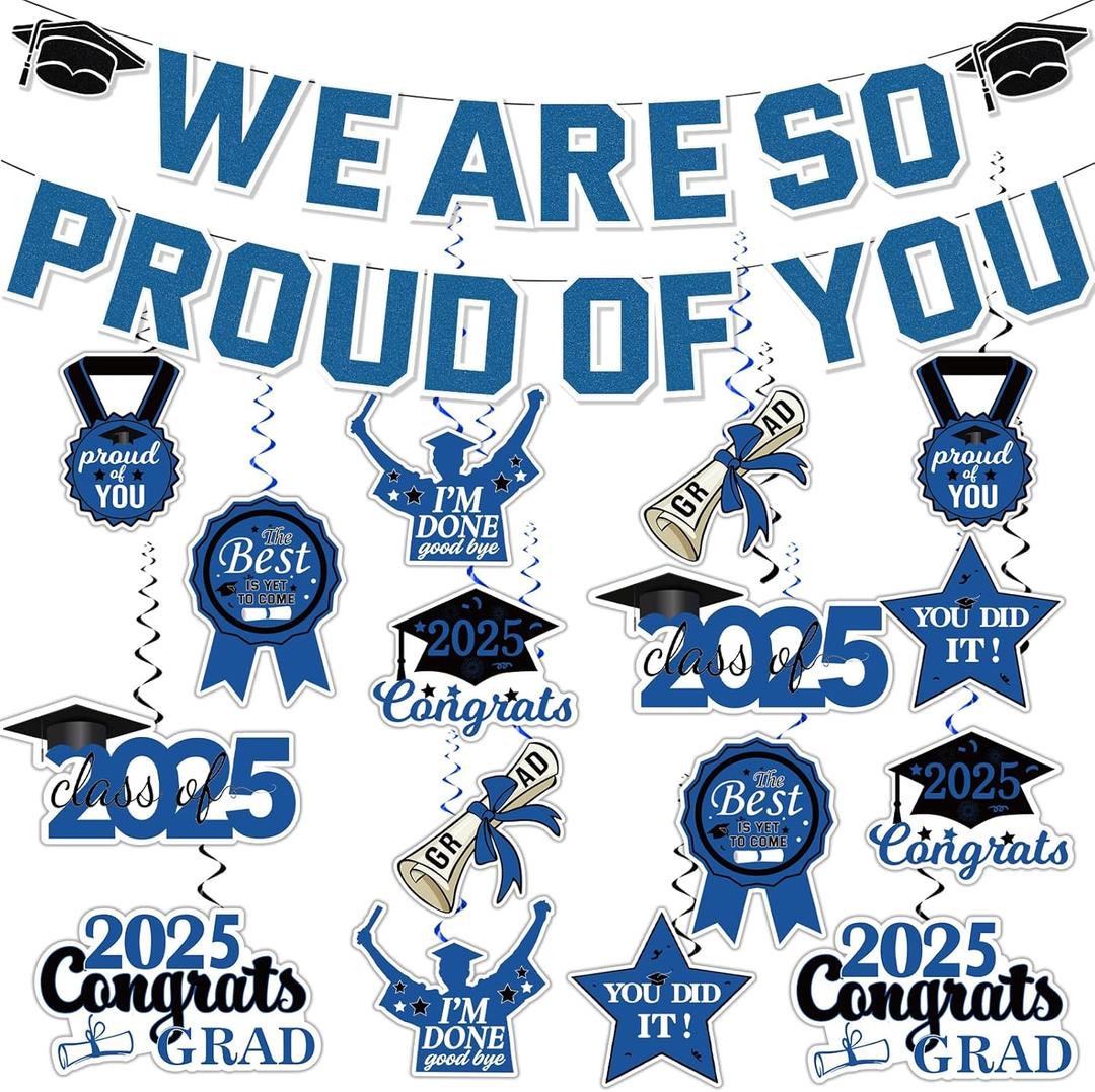 Graduation Party Decorations 2025, We Are So Proud of You Graduation Banner and Congrats Grad Hanging Swirls, College Graduation Decorations Class of 2025 Party Supplies(Blue)
