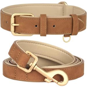 Beirui Soft Padded PU Leather Dog Collar and Leash Set, Durable Dog Leash and Collar Set with Metal Buckle, Breathable Pet Collars with 4FT Leash for Large Dogs(Brown, Neck 16-21")