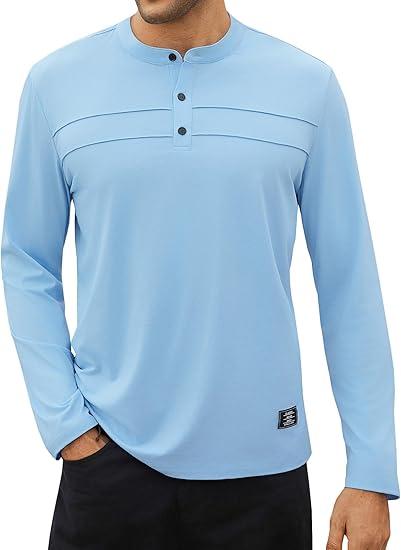 Hardaddy Men's Henley Button Up Shirts Long Sleeve Pleated Front Letter Print Casual Tee, M
