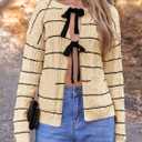 Saodimallsu Womens Striped Tie Front Cardigan Sweaters Crew Neck Long Sleeve Cable Knit Bow Knot Trendy Sweater Tops (Beige)