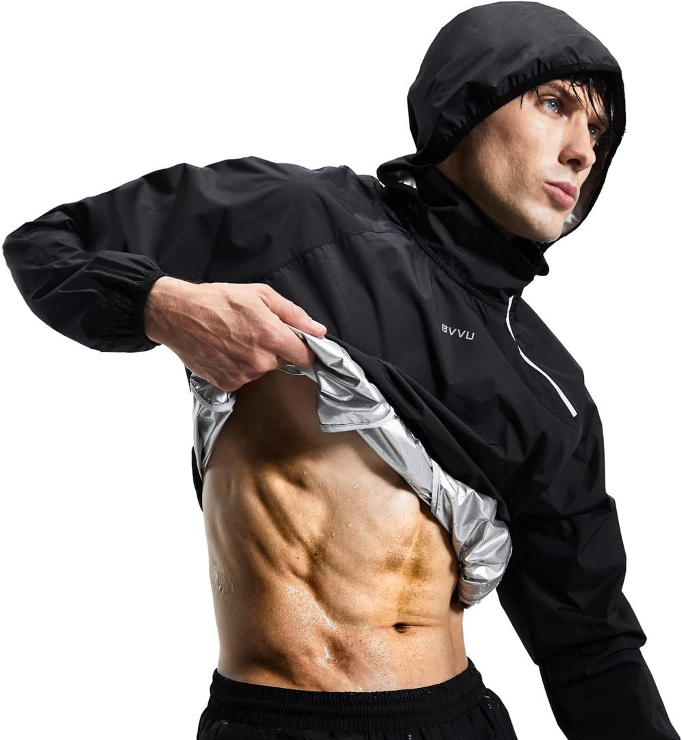 BVVU Sauna Suit for Men Zipper Sweat Sauna Jacket Pant Gym Workout Sweat Suits with Hood Training Bodyshaper (3X-Large, Jacket(black) Only)