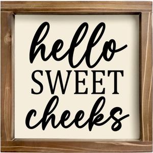 Kas Home Rustic Farmhouse Bathroom Decor - Cute 'Hello Sweet Cheeks' Wooden Sign, Funny Wall Hanging Plaque for Restroom, Toilet Shelves Accessory, Ideal for Apartment & Home (White-HS)