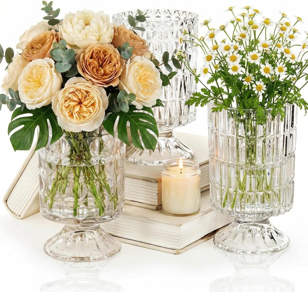 Goaste 3 Pack Embossed Big Base Vase, 7" Crystal Glass Vase, Hydroponic Green Plant Vases, Transparent Flower Vases with Ribbed Pattern for Wedding, Dining Table Centerpieces, Home Decor, Office