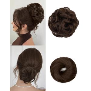 2PCS Messy Bun Hair Piece-Large Wavy Curly & Donut Updo Hair Pieces Set, Scrunchies Synthetic Chignon Ponytail Extensions Thick Updo for Women(Medium Brown)
