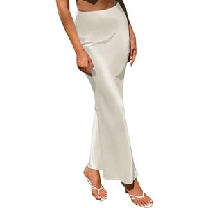 Women's Spring Summer Satin Silk High Waist Ruffle A Line Long Maxi Skirt Tulip Hem Skirts (Medium, White)