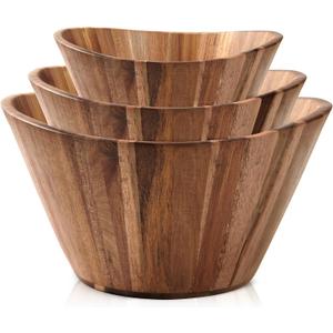 Wooden Salad Bowl Set, Salad Bowls Set of 3 - Wavy Design Salad Bowl Set for Serving, Handmade, Durable and Stylish Natural Wood Dining Accessory by Woodenhouse