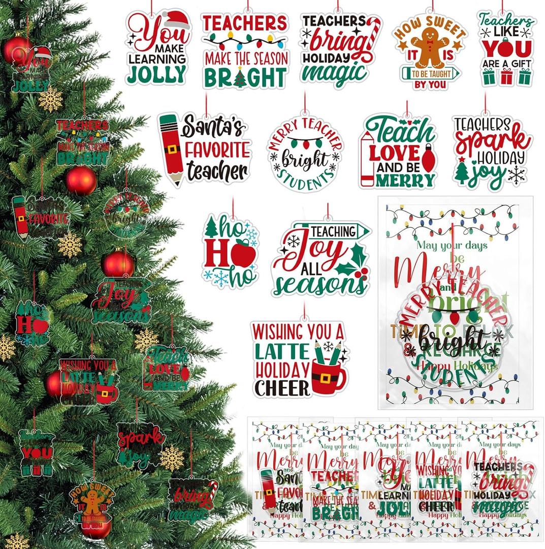 12 Sets Teacher Christmas Ornaments Thank You Acrylic Hanging Ornament for Xmas Tree Teacher Appreciation Gift Bulk with Cards Thank You Gift for Daycare Kindergarten Human Tamer