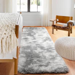 ONASAR 2x6 Runner Rugs for Bedroom Living Room, Fluffy Tie-Dyed Light Grey Bedside Hallway Throw Area Rug, Ultra Soft Plush Furry Floor Carpet Mat for Nursery Kids Dorm Closet Home Decor