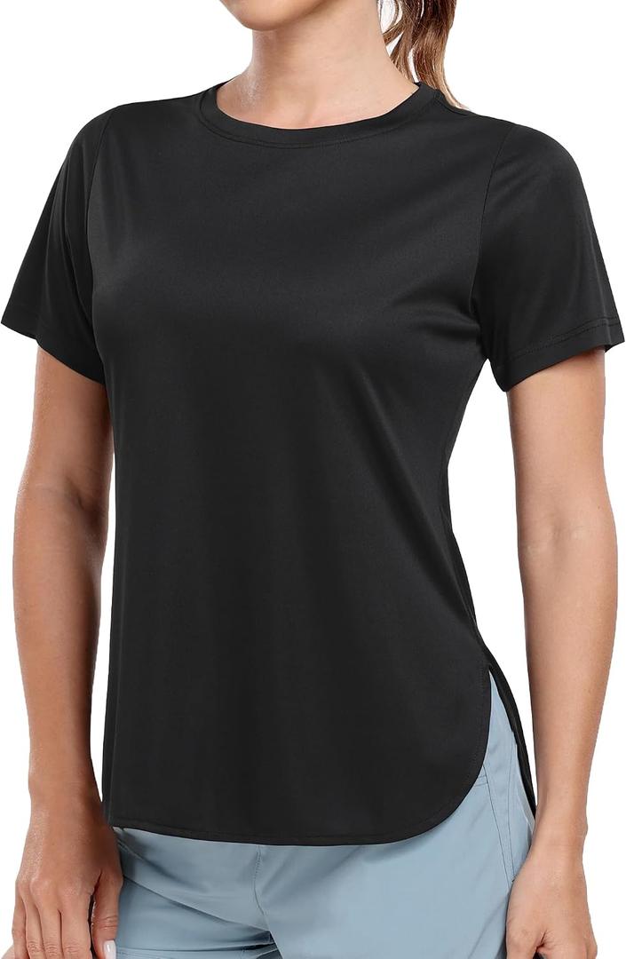 MIER Womens UPF 50+ Sun Protection Workout Tops Short Sleeve UV SPF T-Shirts for Athletic Gym Exercise Yoga, Dry Fit (Black, L)