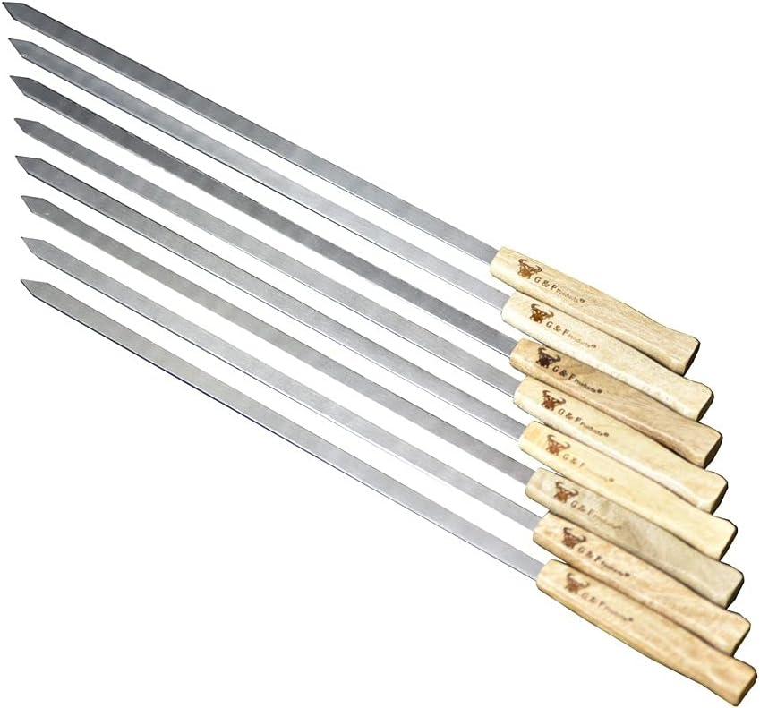 G & F Products Brazilian BBQ Skewers, Stainless Steel Kabob Sticks, 17-Inch Flat Blade, Heavy-Duty Hardwood Handles, Set of 8, Reusable, Commercial-Grade for Grilling Meat & Kebab, Outdoor Cooking