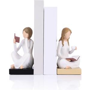 Reading Girl Bookends for Women, Resin Reading Woman Sculpture Bookends Set of 2, Aesthetic Bookshelf Decor for Home Office Library, Cute Feminine Book Ends for Book Lovers Gifts (Beige)