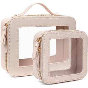 Travel Clear Makeup Bag Set, TSA Approved Cosmetic Bag Case with Zipper Portable Makeup Pouch Toiletry Bag Traveling Cosmetic Organizer Storage Bag Car Organizer Car Essentials (Mini + XL Luxe Beige) 2Pack