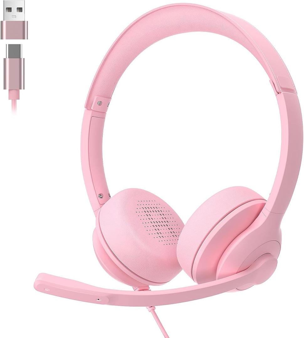 USB-C/USB-A Wired Headset with Noise Cancelling Microphone | On-Ear Office Headphones for PC/Laptop | Mute Button & All-Day Comfort for Call Center, Video Conferencing, Remote Work,Online Class-Pink