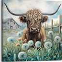 YUEYARIT Farmhouse Highland Cow Wall Decor in Teal and Brown: Rustic Cow and Dandelion picture Canvas Art Print, Gift for Bathroom or Kitchen, Ideal Animal Artwork for Living Room