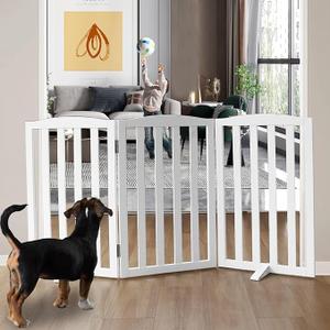 Freestanding Dog Gate Indoor,Doggie Gate Foldable Dog Gates for Doorways,Stairs or Hallways, Wooden White Pet Gate for The House, Pet Fence with Support Feet Included,32 "Height-3 Panels