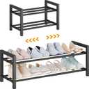 Detsuk 2-Tier Expandable Shoe Rack (17.5"-30.7")  Adjustable Heavy-Duty Metal Shoe Organizer Shelf for Closet, Entryway, Mudroom & Garage  Durable Freestanding Storage, Black