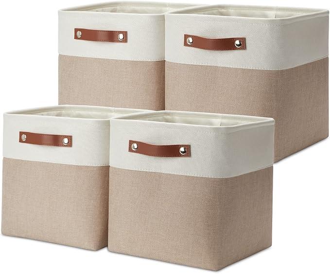 DULLEMELO 11 Inch Cube Storage Bins Fabric Storage Cubes 4 Pack Foldable Cube Storage Baskets for Cube Organizer, Cube Storage Organizer Bins for Home Office Organizer Closet, Shelves, Toy, Nursery (White&Grey)