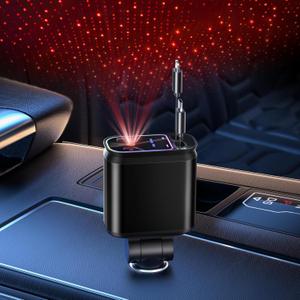 Starlight Retractable Car Charger with Retractable Cables, Starlight in Car Roof 4 in 1 Super Fast Car Phone Charger, 2 USB Ports Starry Sky Adapter, Compatible with iPhone 15 14 13 (Deep Black)