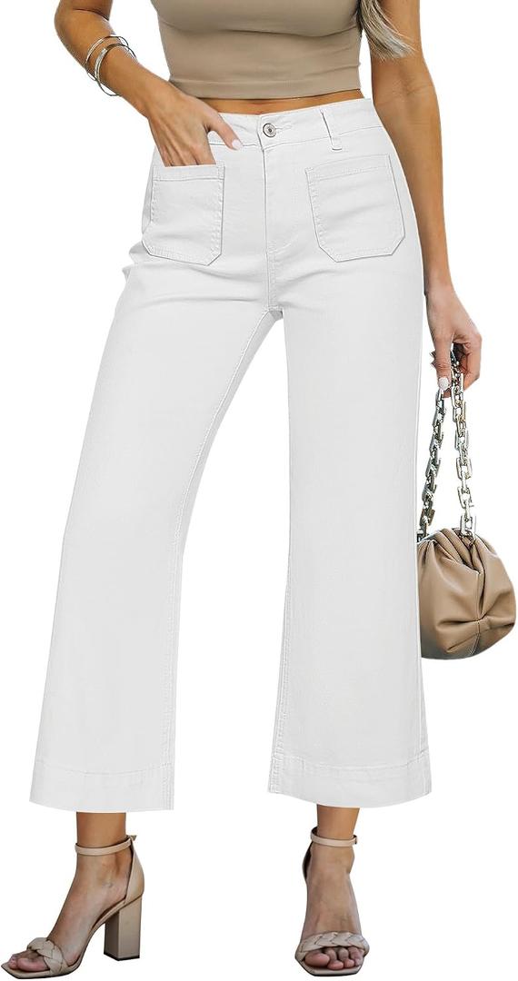 LookbookStore Wide Leg Cropped Jeans for Women High Waisted Stretchy Denim Pants Baggy Flare Trouser Jeans Front Pockets (White, M)
