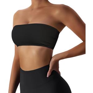 Boudaner Womens Padded Bandeau Sports Tube Top Bra Strapless Wireless Solid Seamless Yoga Workout Bralette (Black, M)