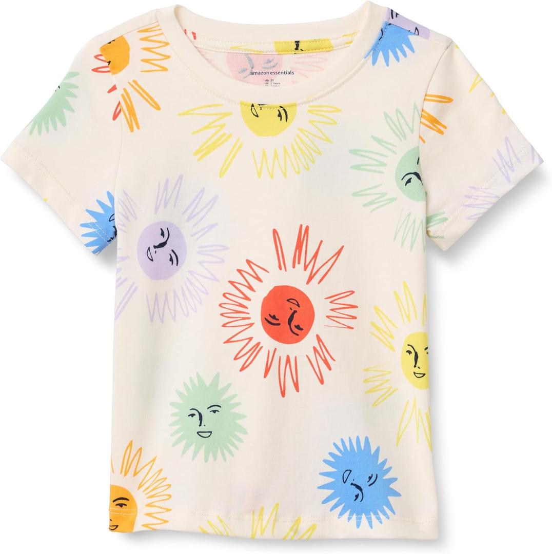 Amazon Essentials Girls and Toddlers' Short-Sleeve T-Shirts (Large, Ivory Suns)